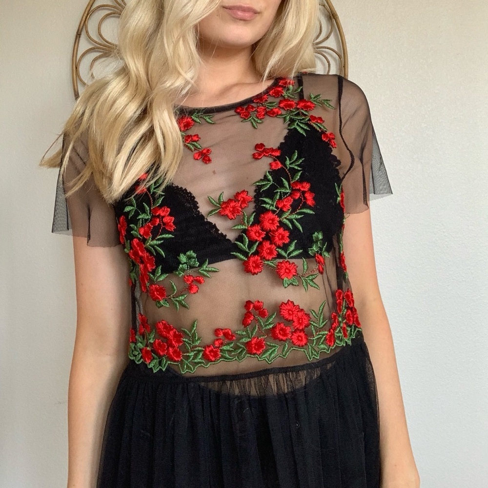 Black Mesh Embroidered Top